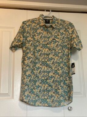 Rip Curl Men’s Short Sleeve Floral Button-Down Shirt - Yellow & Teal